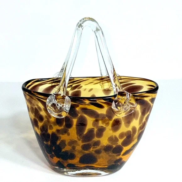 Hand Blown Murano Style Vintage Glass Purse Vase Leopard Spot Amber 7" Art - Picture 5 of 13